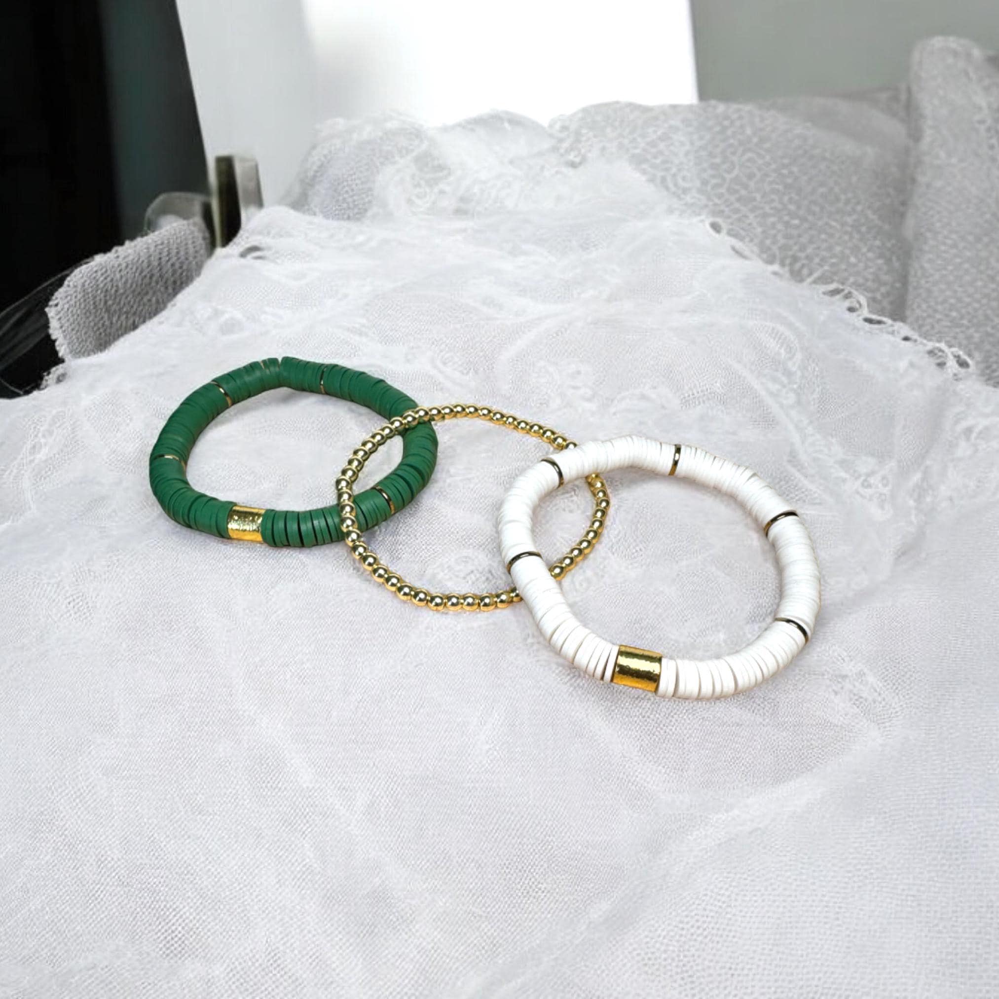 Fish Towne Designs, LLC - Wholesale Jewelry Set - Green and White Game Day Bracelet Stack3