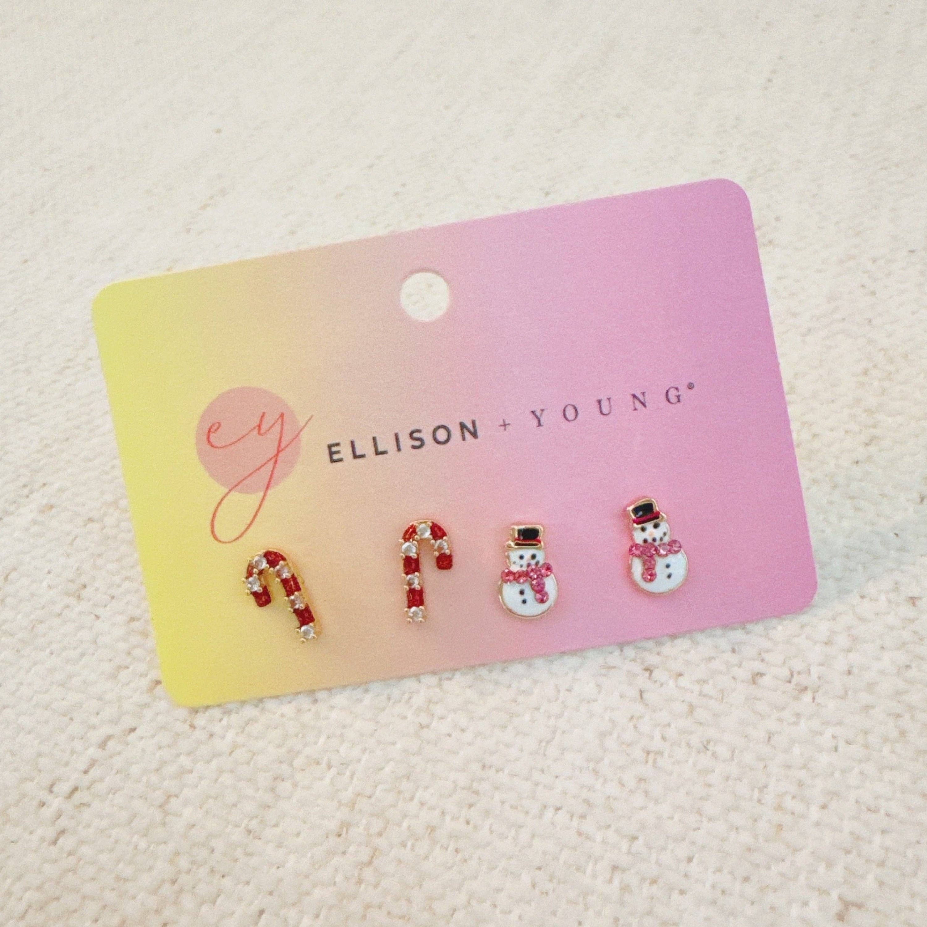 Ellison+Young - Vente Parures de bijoux - Ensemble de 2 paires de boucles d'oreilles clous Bonhomme de Neige & Sucre d'Orge - Éclat Festif1