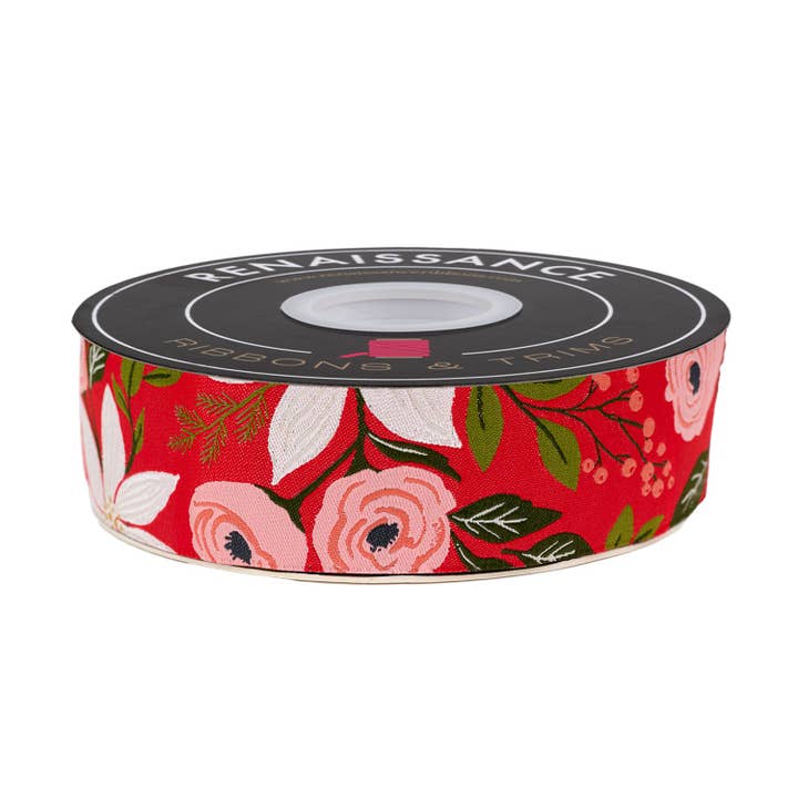 Berry and Pine - Festa de Poinsettia em Holly - 3,81 cm de largura - por Lella Boutique - Rolo de 15 jardas por atacado de Renaissance Ribbons