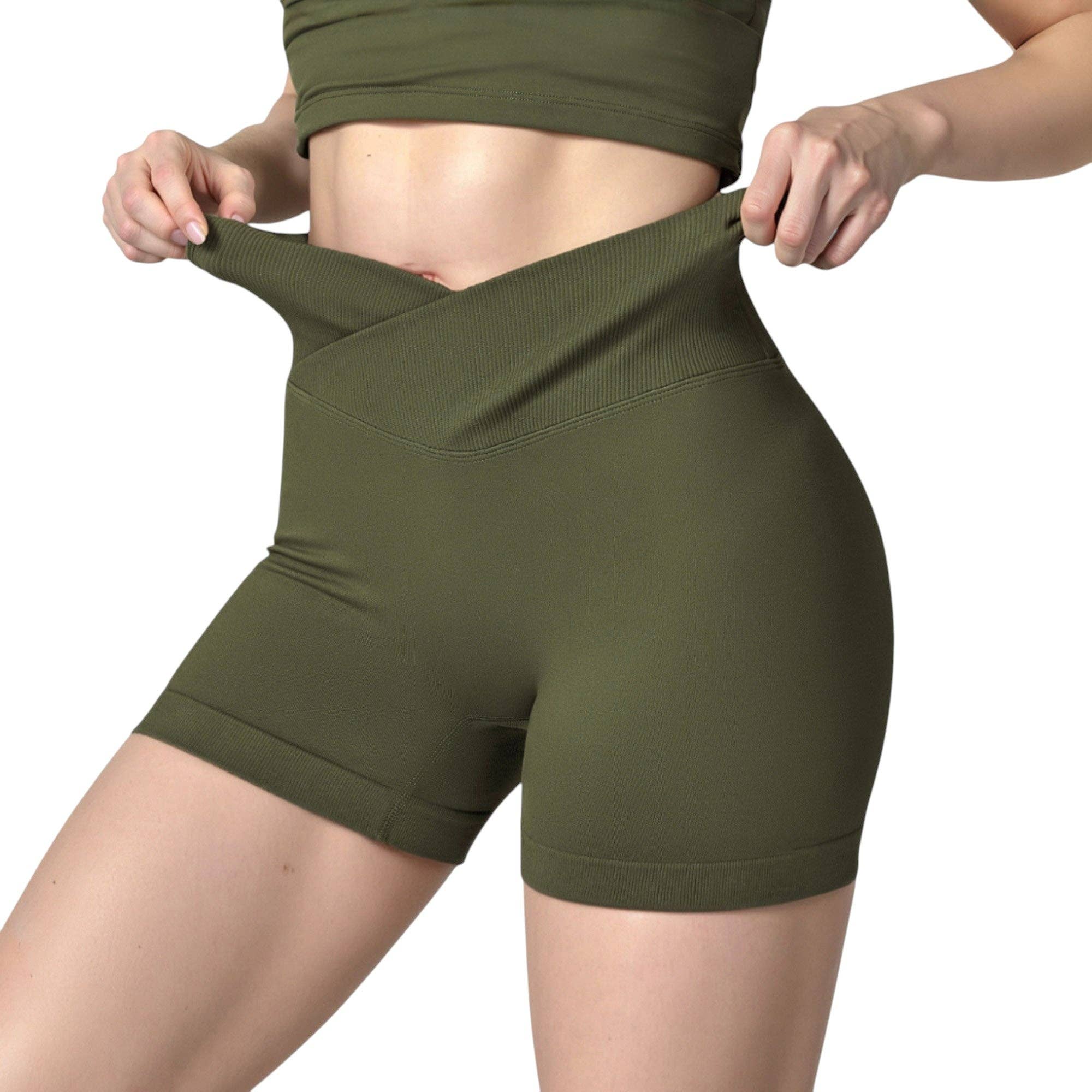 Active by Anna-Kaci – wholesale Athletic shorts – Women's – High Waist Seamless Ribbed Biker Shorts with Crossover Waist0