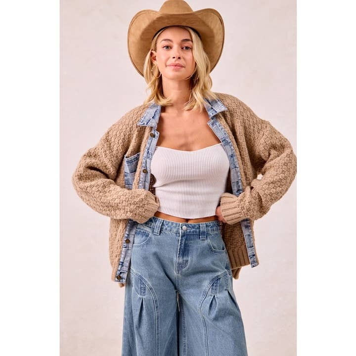 Washed Checker Denim Mix And Match Sweater Top for wholesale by IVE