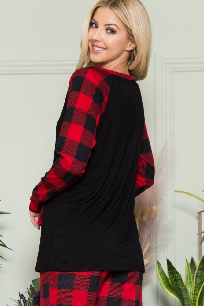 Celeste Clothing - Wholesale Knit Top - Women's - CT43591-SOLID TOP WITH PLAID CONTRAST SLEEVE5