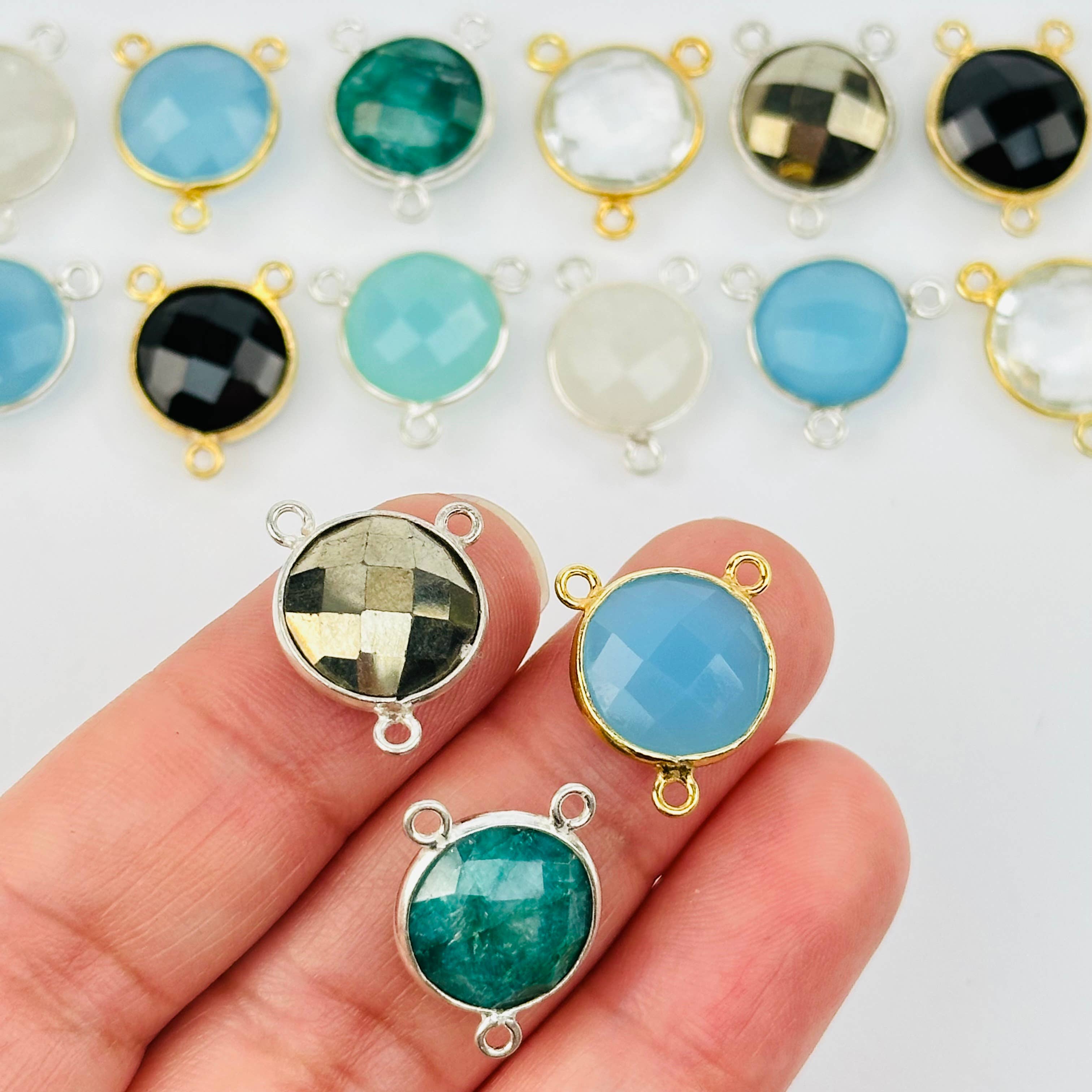 Jewelers Paradise – wholesale Individual charm/pendant – Round Triple Bail Gemstone Connector - 11mm Bezel Link -0