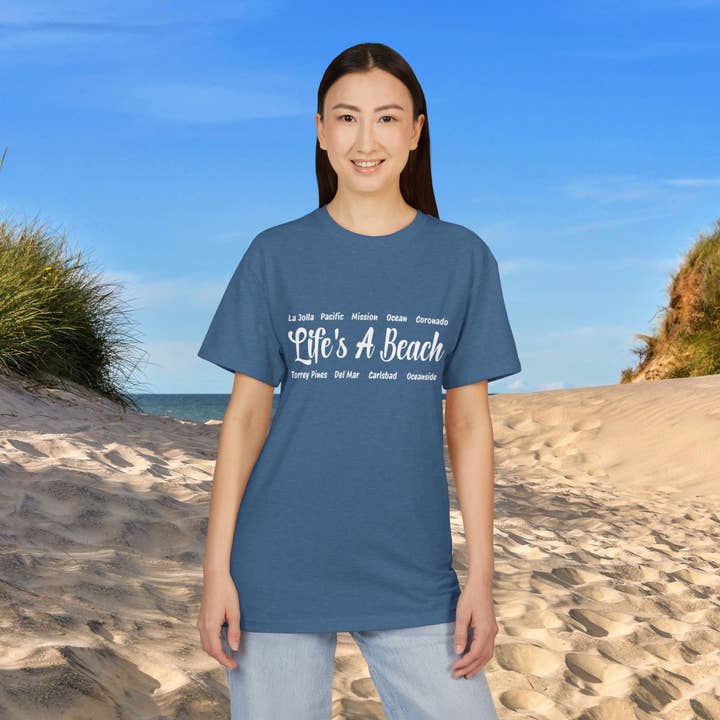 Unisex Sueded Graphic Tee – Life’s A Beach – Coastal Design Cotton Shirt for wholesale by Restored By Nature Company