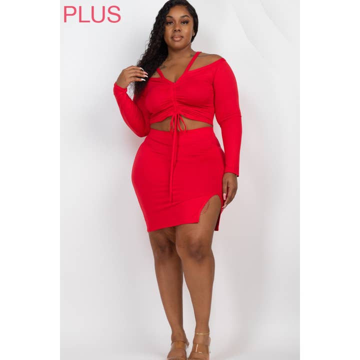 PLUS Ruched Drawstring Off Shoulder Crop Top And Side Slit M for wholesale by Timeless