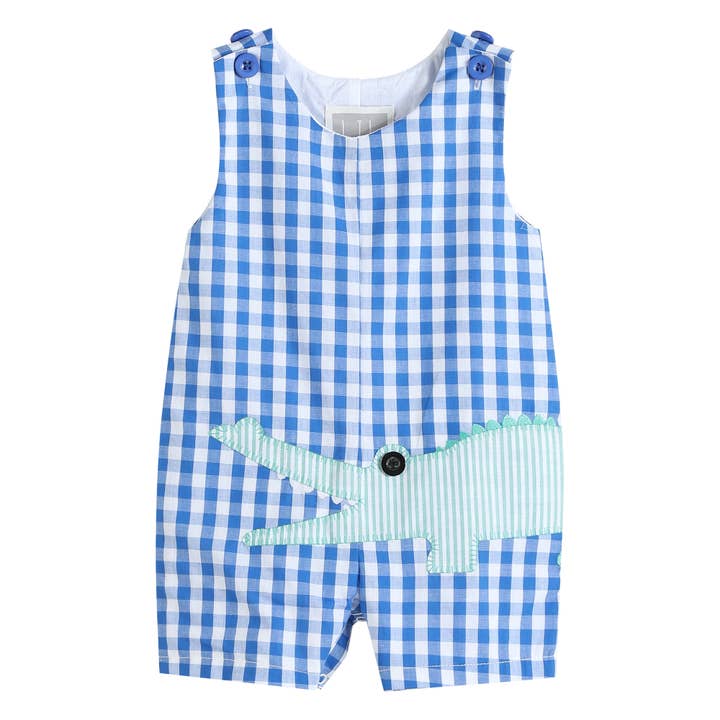 Lil Cactus - Wholesale Overalls - Baby - Royal Blue Gingham Alligator Applique Shortalls