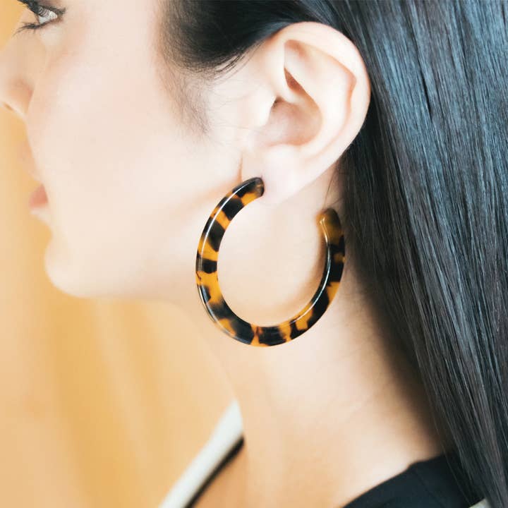 Dark Tortoiseshell Large Chunky Hoop Earrings for wholesale by Amber & Orange