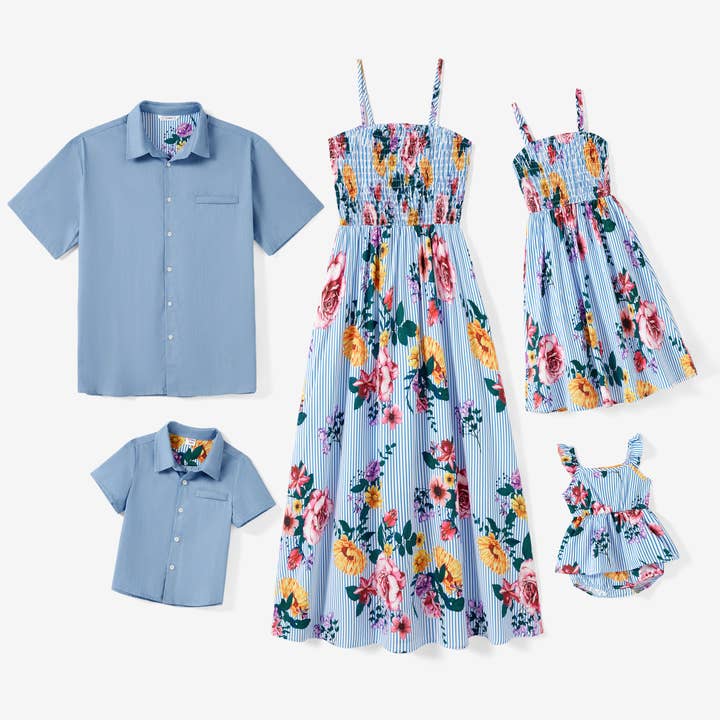 Family Sets Denim Blue Tee and Shirred Top Strap Dress for wholesale by PatPat Matching