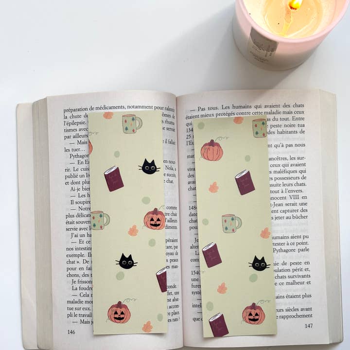 Cat and Pumpkins Bookmark - Autumnal Item for Bookstore for wholesale by Secteur Nor