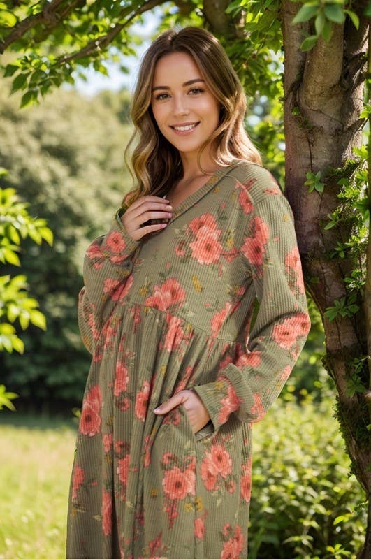 HEIMISH – Engroshandel Kjole - Dame – ED6869-12 LANG PUFFÆRMET BLOMSTRET URBAN RIB BABYDOLL KJOLE5