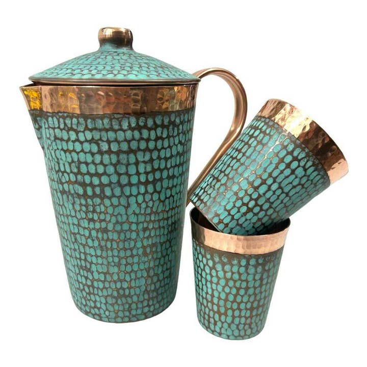 Ambiente Home Décor - Wholesale Pitcher - Set of 1 Hammered & Turquoise Copper Pitcher and 2 Tumblers9