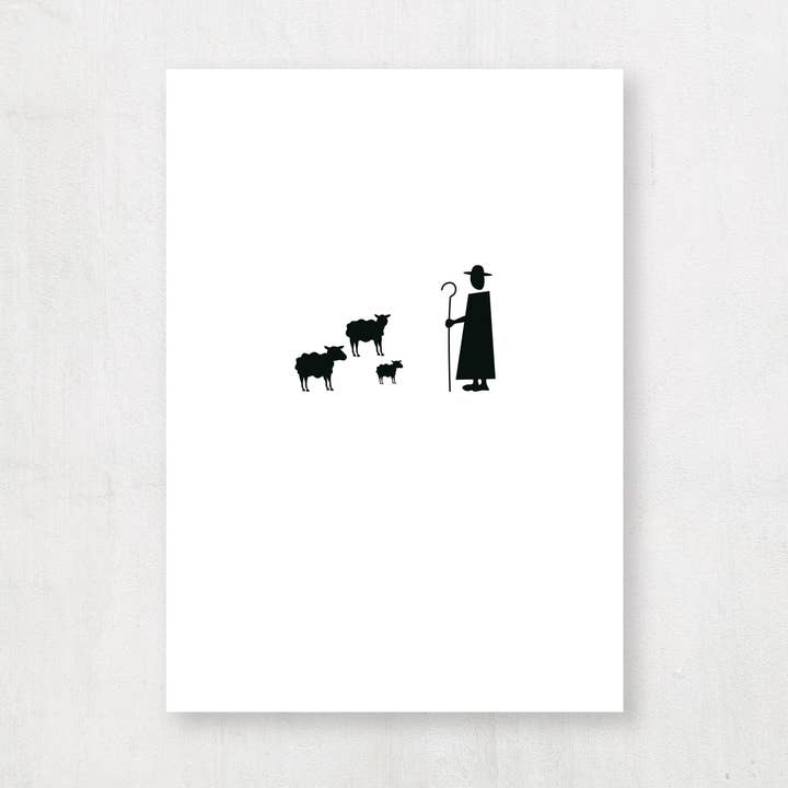 Postal navideña minimalista con ovejas y pastor para venta al por mayor de Emma Plitt Design
