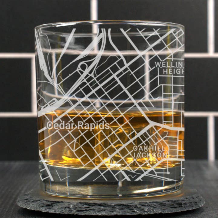 Cedar Rapids IA - Street Map - Engraved Whiskey Glass for wholesale by Blue Ridge Mountain Gifts