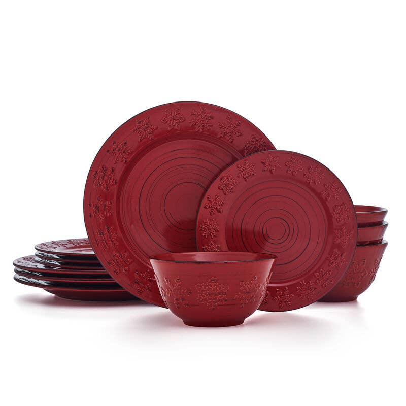 Fitz and Floyd® Mikasa® Pfaltzgraff® - Wholesale Dinnerware Set - Pfaltzgraff Trellis Red Snowflakes 12PC DW Set Brown Bx Pkg1