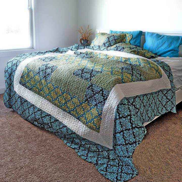 Tache Home Fashion - Wholesale Bedding Set - Tache Teal Turquoise Scalloped Reversible Bedspread Queen4