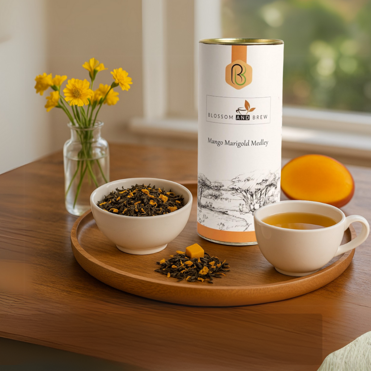 Blossom & Brew – wholesale Löst te – Grönt te-mango ringblomma medley, fruktig och blommig blandning10