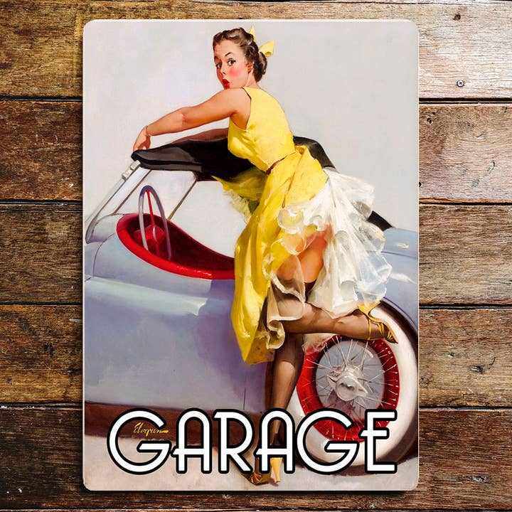 Garage Car Door Pin Up Girl In Bath Metal Sign for wholesale by The British Metal Signs Company
