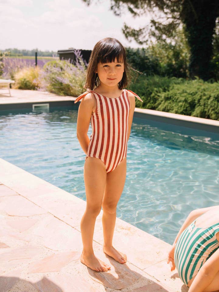 Roberta One-Piece Swimsuit Brick Red Stripes for wholesale by Studio Bohème Paris
