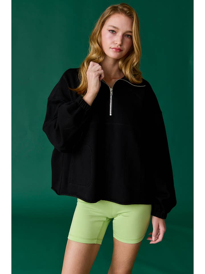 Black PT17524 - Raelyn Oversized Half-Zip Top for wholesale on Faire