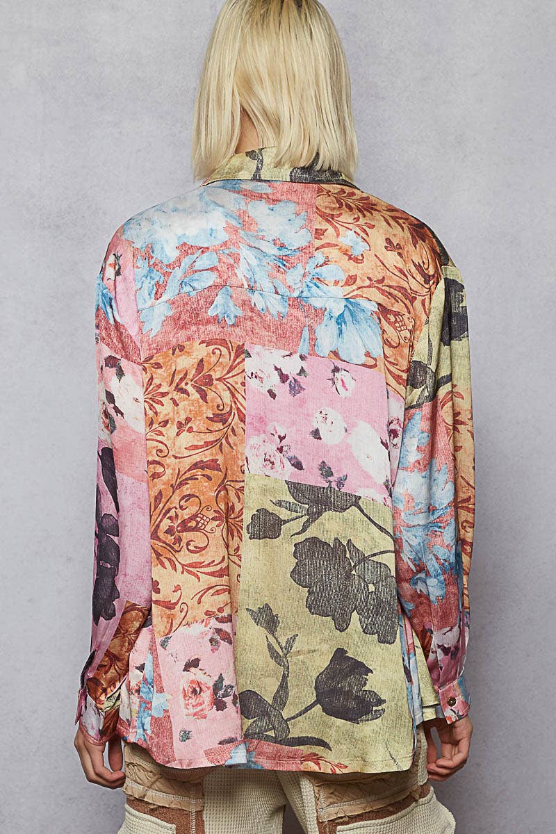 Pol Clothing - Vente Chemise à col boutonné – femme - Haut chemise tissé à manches longues imprimé floral27