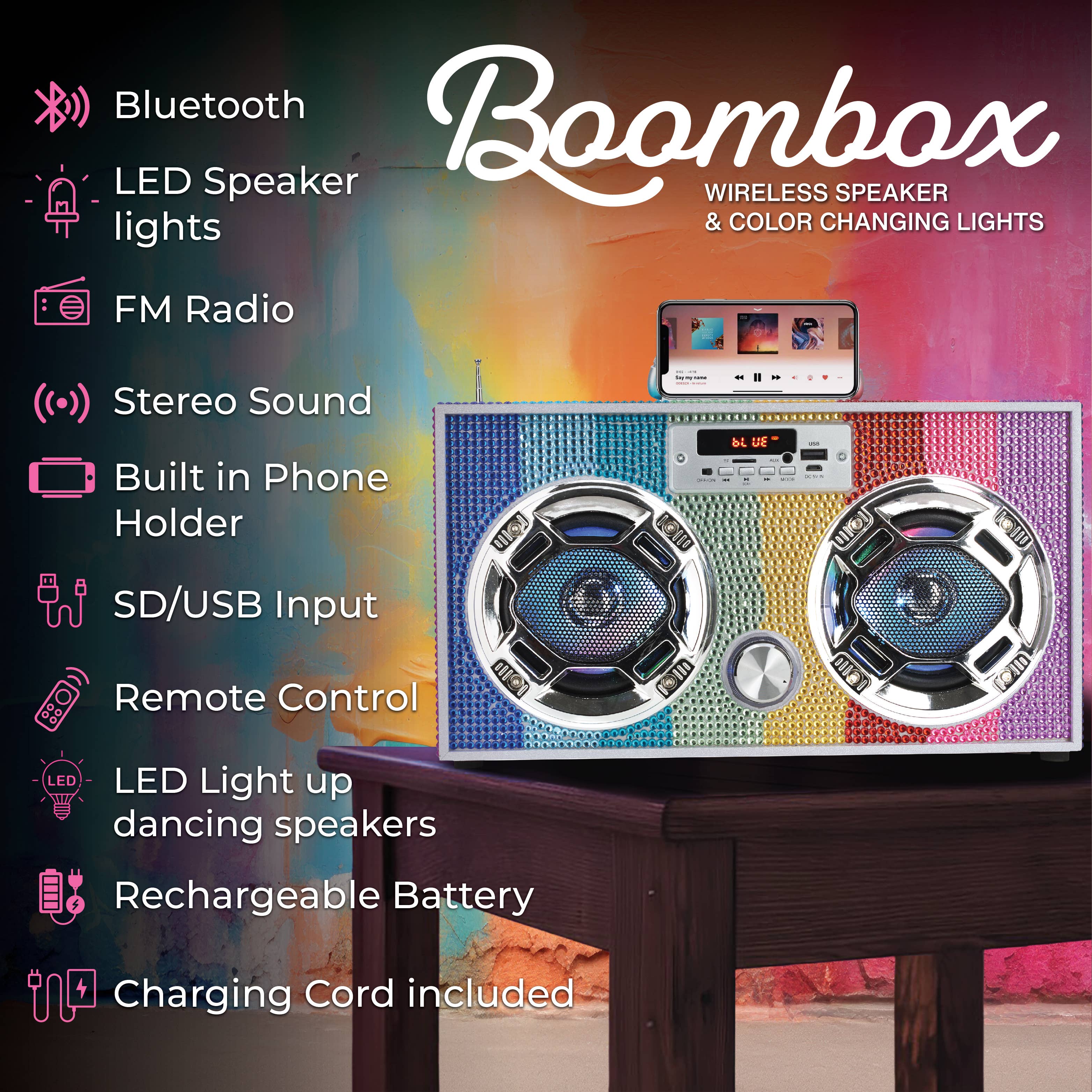 Trend Tech Brands - Wholesale Speakers - Rainbow Bling Wireless Boom Box with FM Radio3