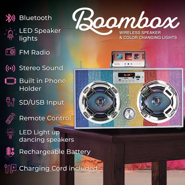 Trend Tech Brands - Wholesale Speakers - Rainbow Bling Wireless Boom Box with FM Radio3