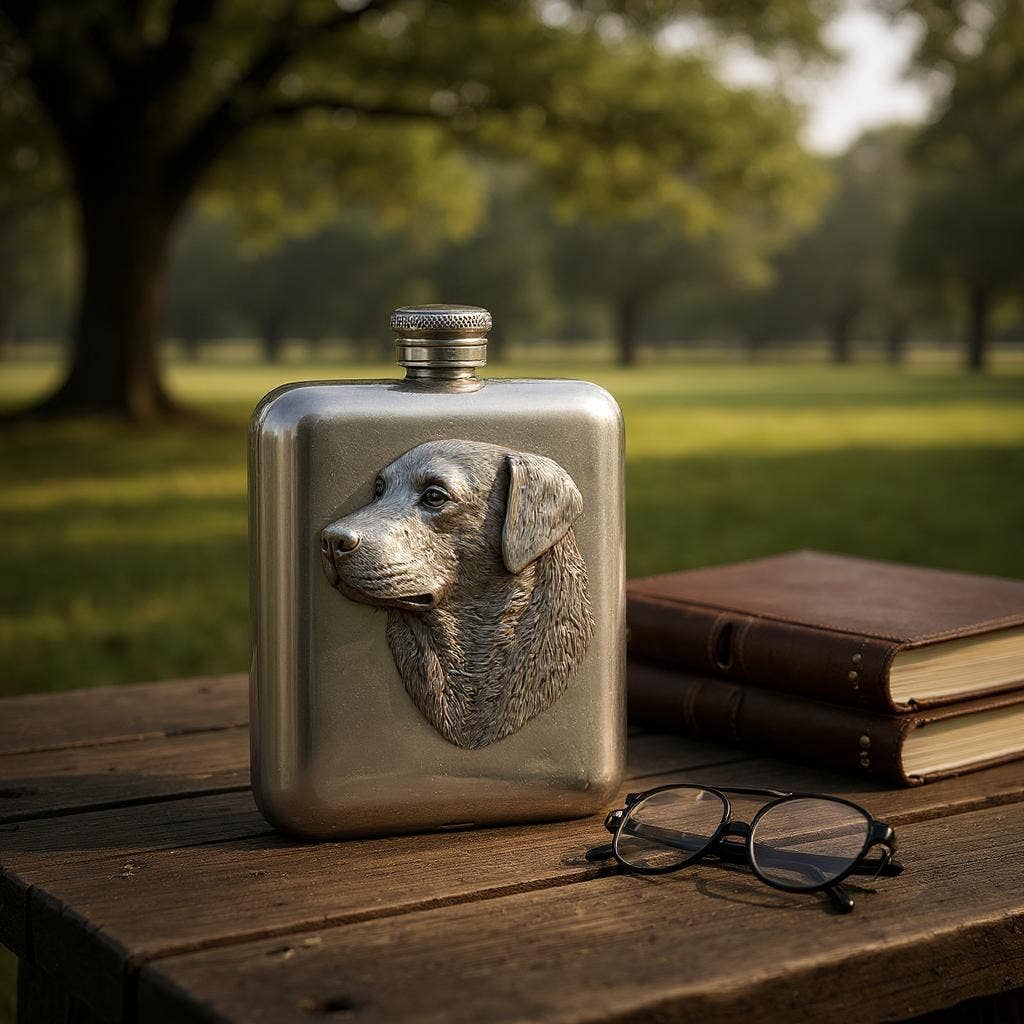 Corbell Silver - Wholesale Flask - Labrador Head English Pewter Flask 6oz. SKU #: C1046.2