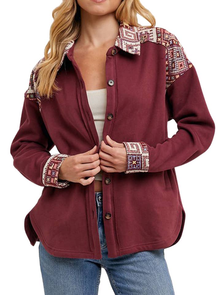 Embroidered Button Down Shacket for wholesale by Vanilla Monkey