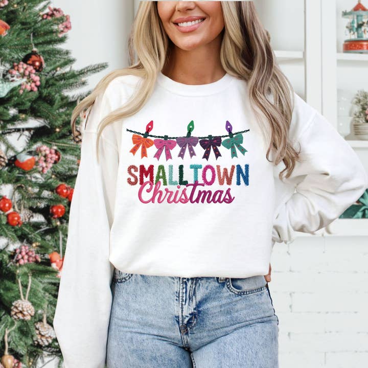 Glitter Small town Christmas Crewneck sweatshirt for wholesale by Nu Kustomz LLC -