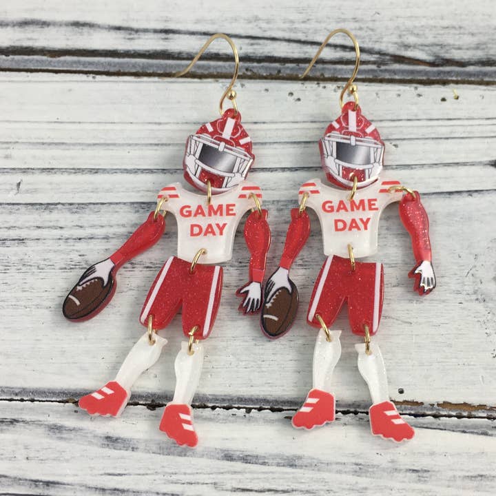 Red and white glitter football player earrings for wholesale by SongLily