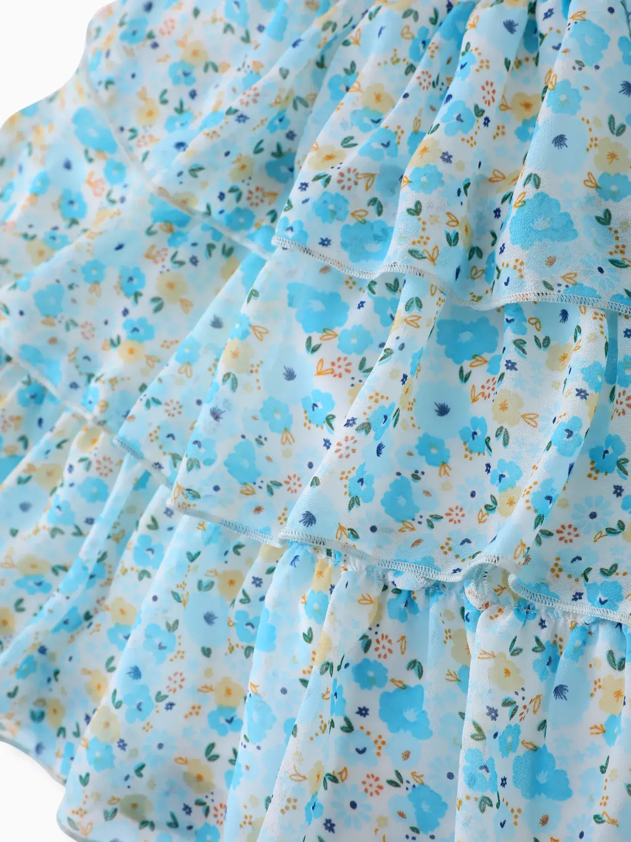 Blå Småbarnsflicka Söt Blommig Smockad Volangärmlös Klänning för wholesale på Faire5