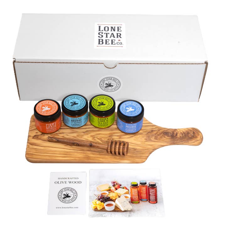 Olive Wood Serving Board with 3oz. Honey Jars for wholesale by Lone Star Bee Company