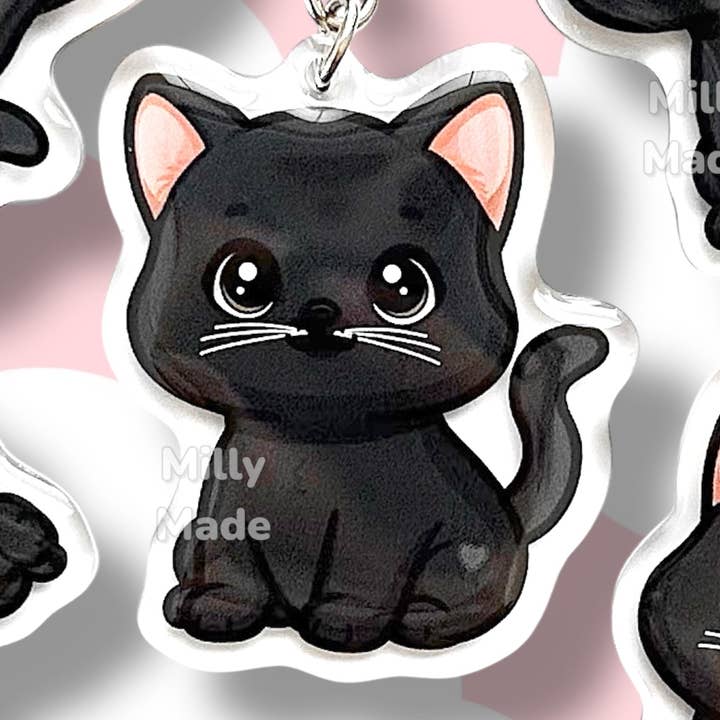 Portachiavi in acrilico con resina epossidica a forma di gatto nero a pelo corto | Clip facile, cartone animato di gatto carino, design disegnato a mano, regalo per amanti dei gatti per la vendita all'ingrosso da parte di Milly Made Designs