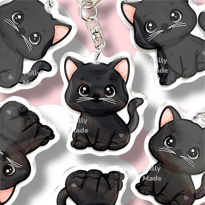 Black Shorthaired Cat Acrylic Keychain with Epoxy Resin | Easy-Clip, Cute Cat Cartoon, Hand-Drawn Design, Cat Lover Gift for wholesale by Milly Made Designs