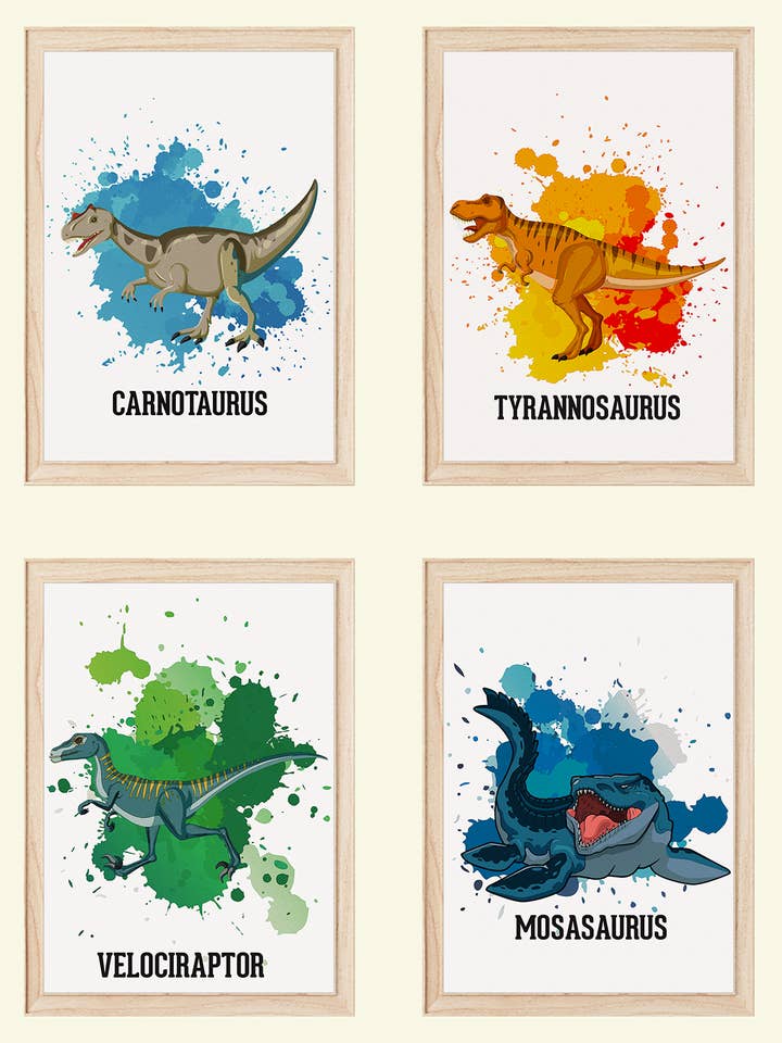 Dinosaur Carnotaurus Trex Velociraptor Mosasaurus pictures set of 4 DIN A4 children's room wall pictures baby room poster decoration for wholesale by Tigerlino®
