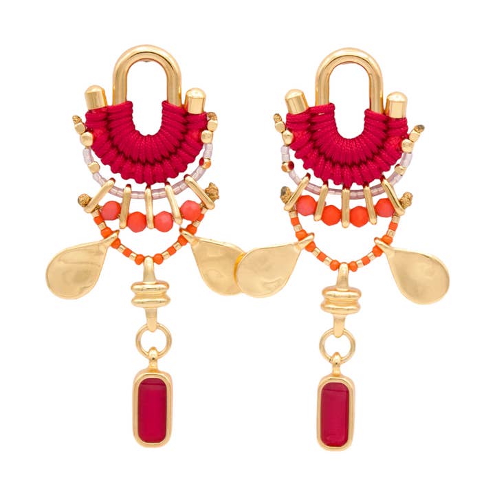 Iøjnefaldende CALIMA-øreringe i kirsebærrød, orange og guld for engroshandel hos Araracuara