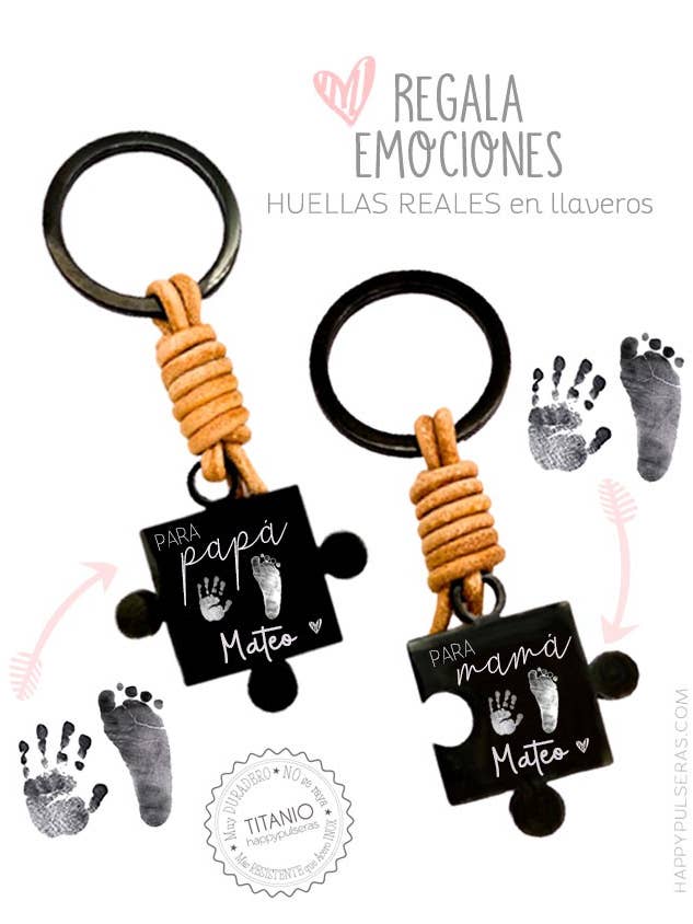 Zweiteiliger Puzzle-Schlüsselanhänger aus schwarzem Titan und Leder mit Gummi. für den Großhandel von Happypulseras