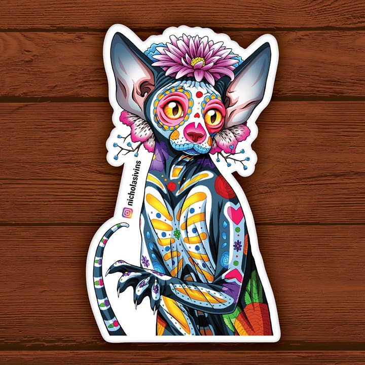 Day of the Dead Cat Sphynx Sticker - "Orquídea" for wholesale by Nicholas Ivins Art & Illustration