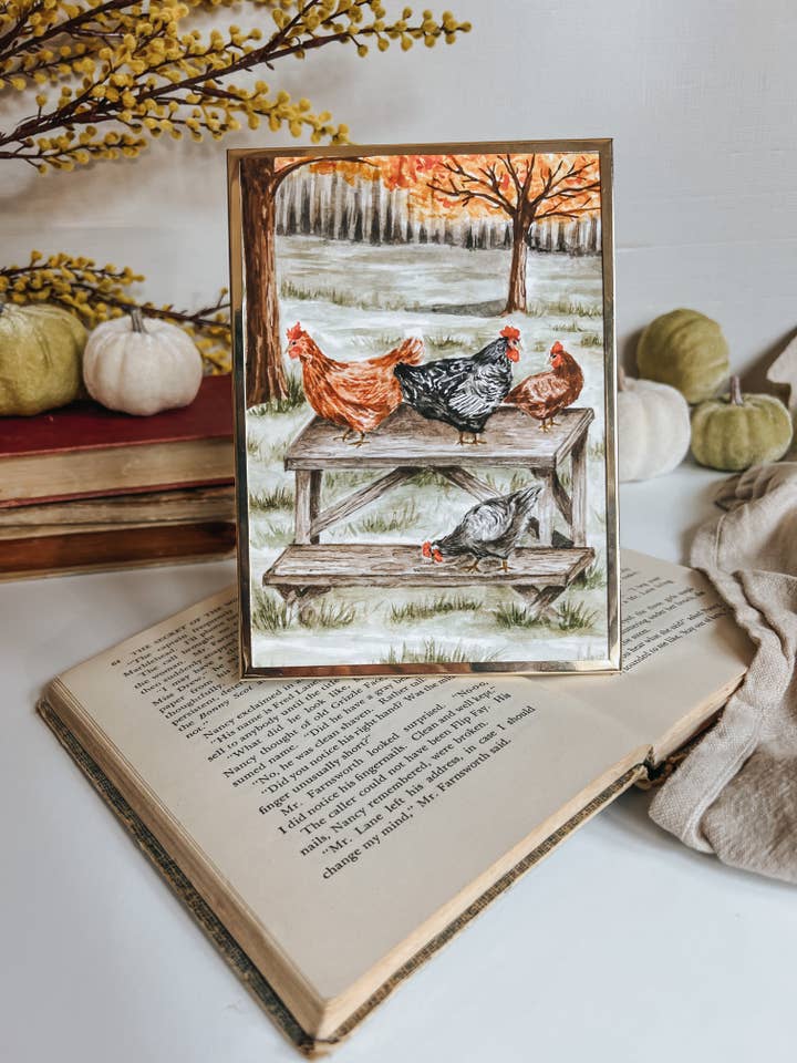 Impression artistique à l'aquarelle sur des poules sur un pique-nique pour la vente par MacaelaMade