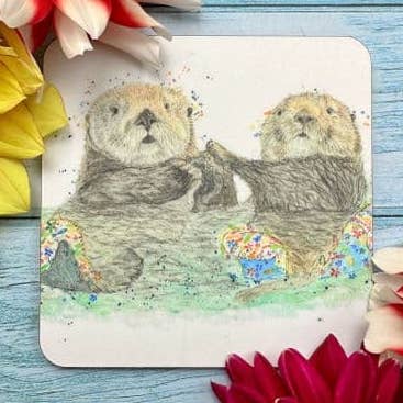 Sea Otters Cute Eco Friendly Cork Coaster | UK Made FSC for wholesale by Jen Winnett Eco Artist