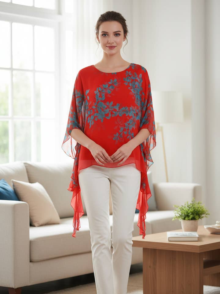 Bluse i silke med print og dobbelt spidser 50532 for engroshandel hos Shyloh