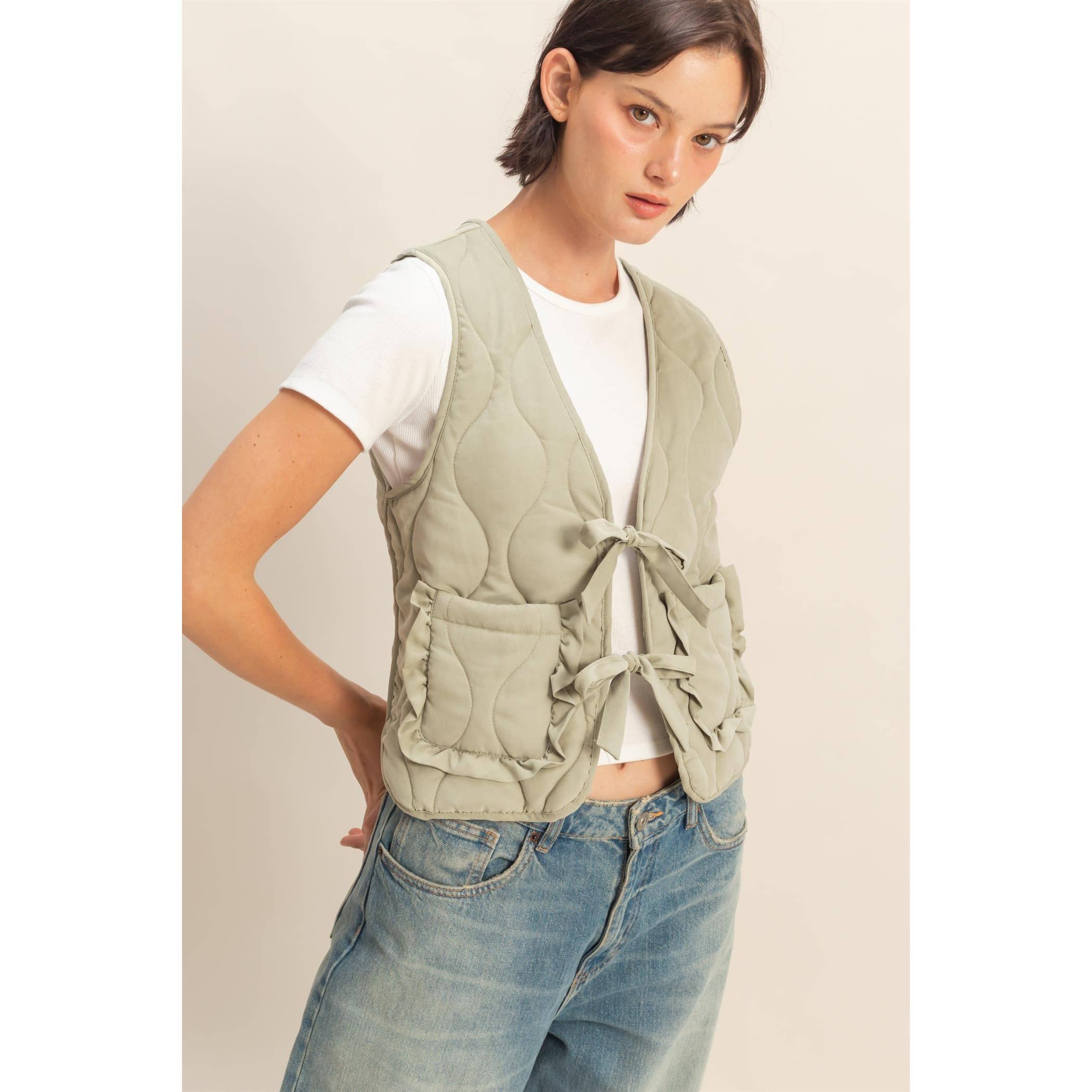 Double Zero - Wholesale Outerwear Vest - Women's - Quilted Vest With Tie-Front And Patch Pockets13