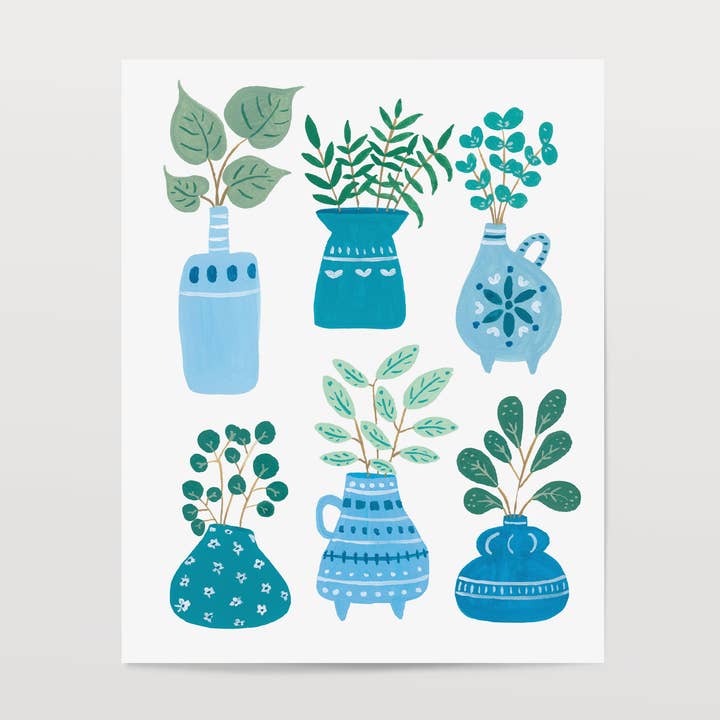 Folksy Blue Pots with Plants 8x10 Art Print for wholesale by Islay's Terrace