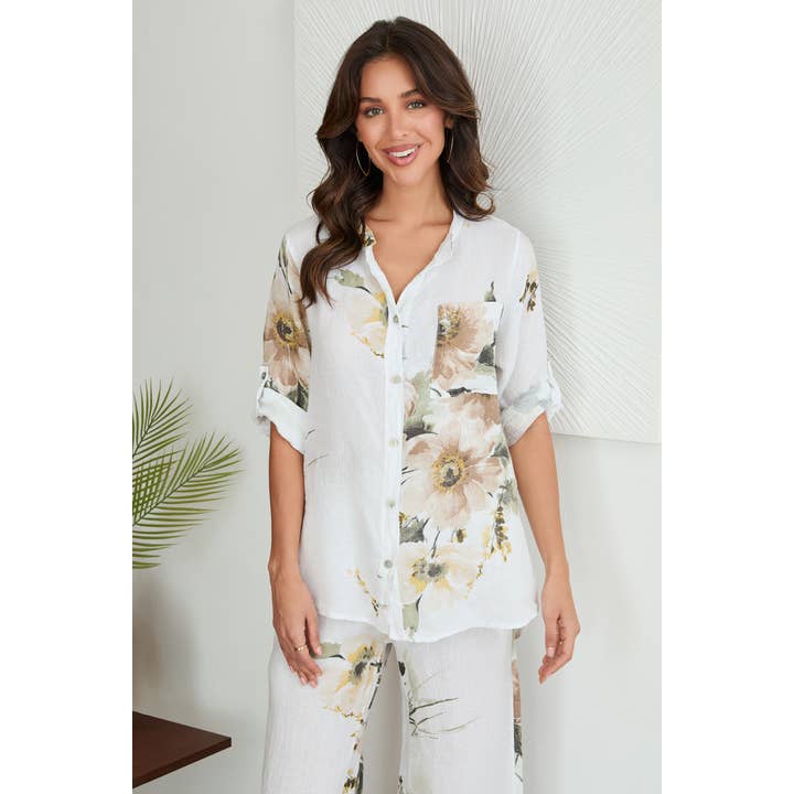 BUTTON DOWN MAGNOLIA FLOWERS PRINT LINEN TOP (9899-MAGNOLIA) for wholesale by VENTI6
