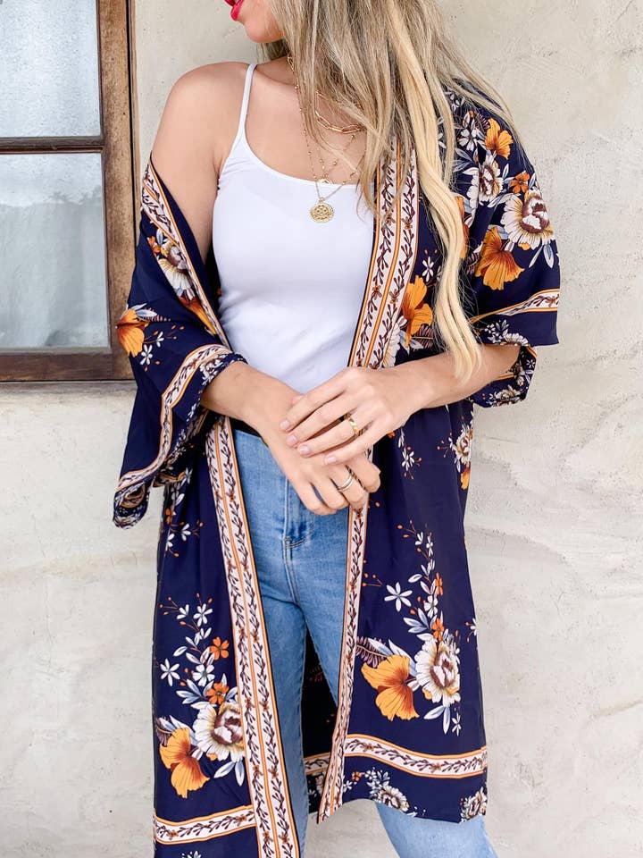 Kimono de Praia com Estampa de Bordado Floral Azul-Marinho por atacado de AMOLI