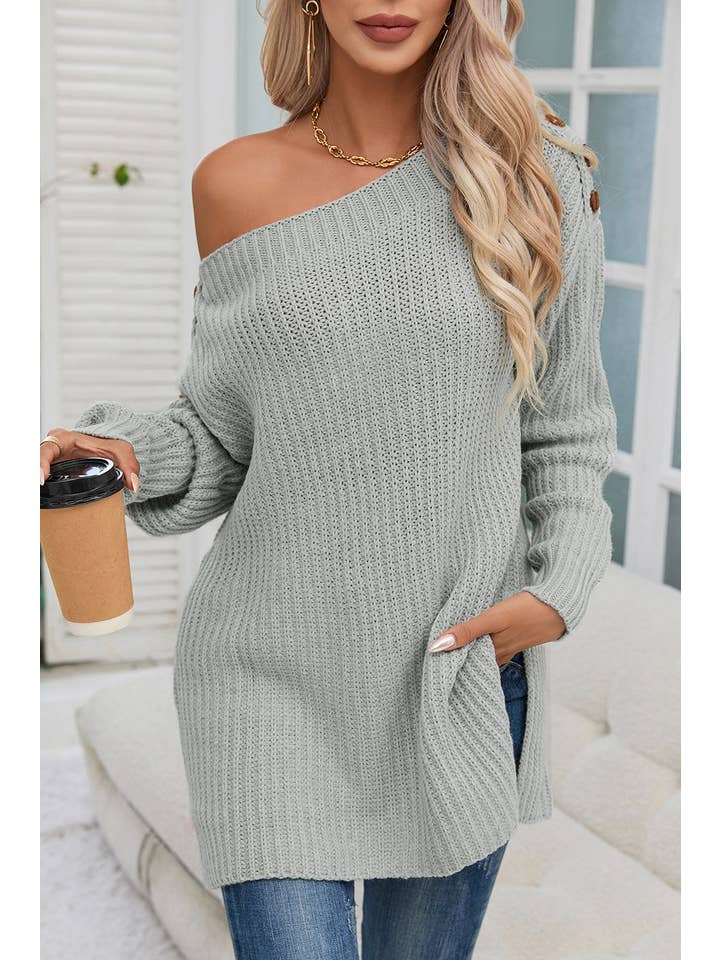 Gray Solid Buttoned Drop Shoulder Sweater for wholesale on Faire3