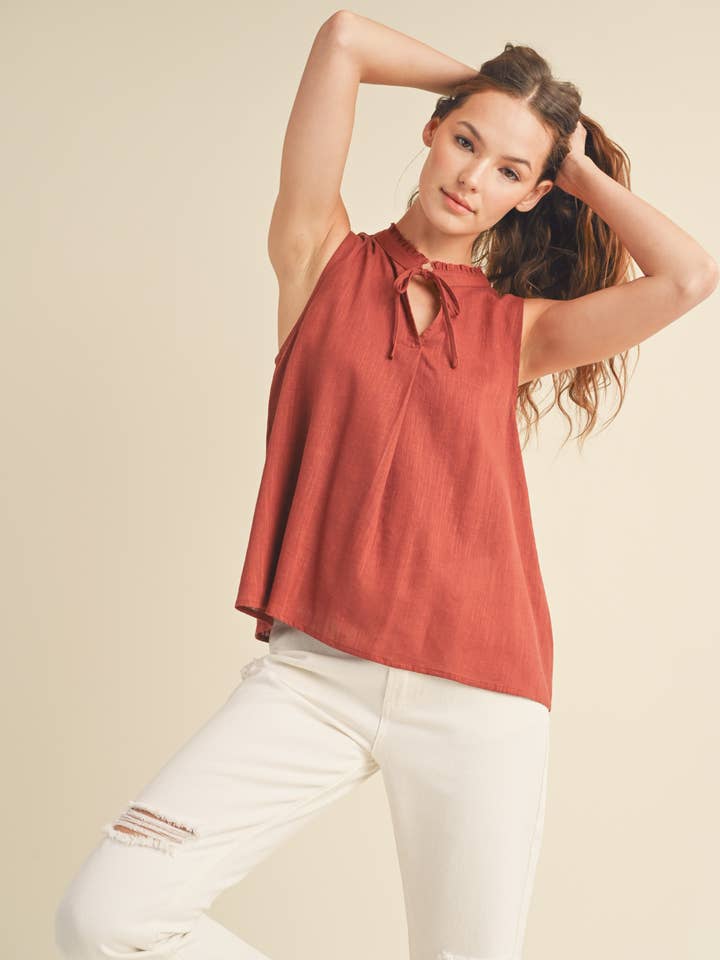 CAMISOLA DE LINHO GOLA ALTA COM GRAVATA AUTOMÁTICA/WL23-8319 por atacado de Wishlist Apparel