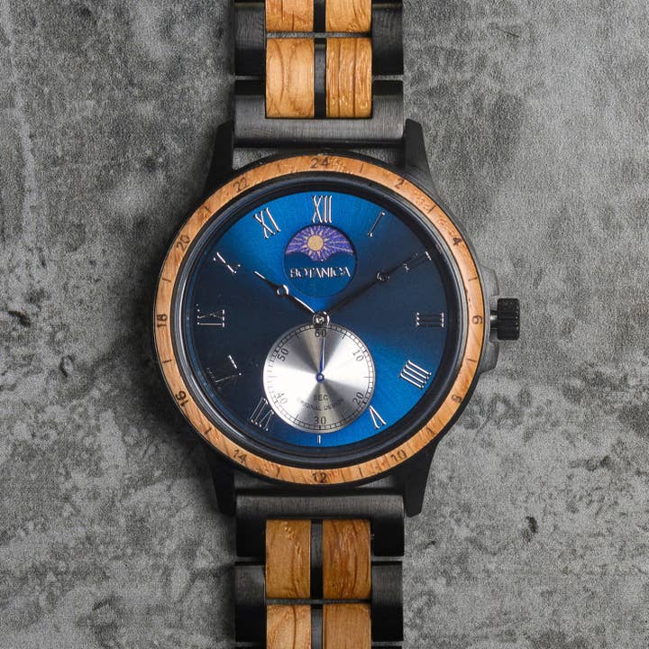 Montre en bois pour homme, pièce d'horlogerie à quartz avec cadran bleu Sundial | Afterglow pour la vente par Bear Essentials