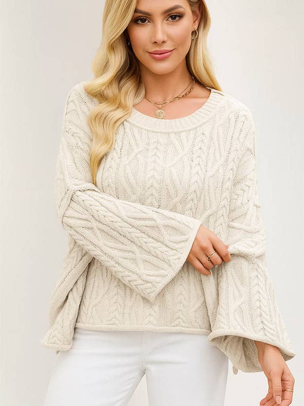 W2507SF16445 - Chunky Cable Knit Wide-Sleeve Sweater for wholesale by ESLEY