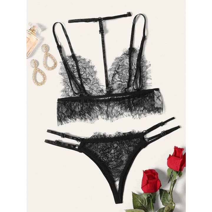 We-vibe - Wholesale Lingerie Set - Women's - Black Bloom Burlap Lace Lingerie Thong set1